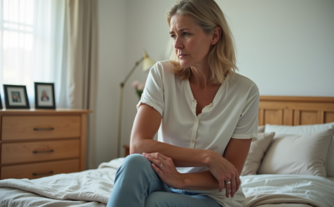 Femme d'âge moyen assise sur le lit touche son bras engourdi