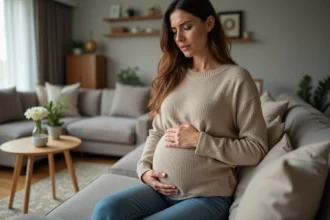 Femme assise sur un canapé avec main sur le ventre