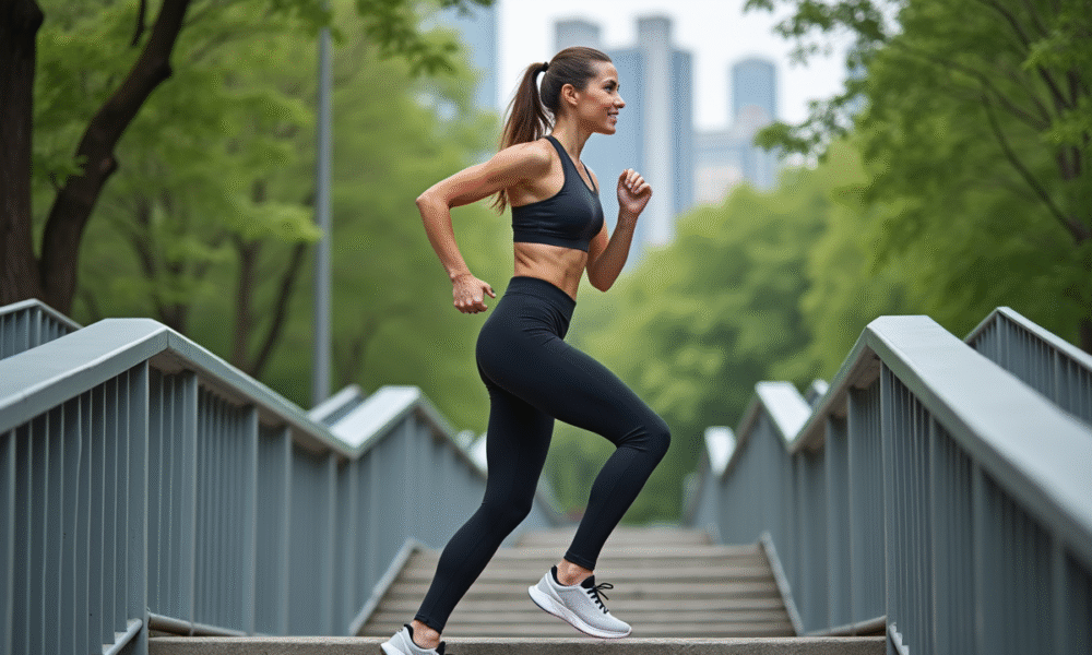 Femme sportive montant un escalier en ville dans un parc
