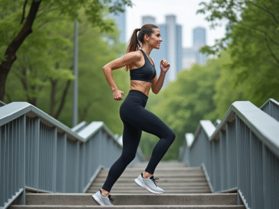 Femme sportive montant un escalier en ville dans un parc