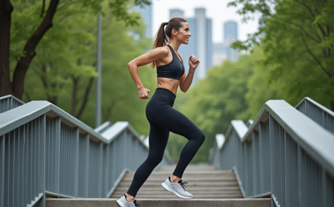 Femme sportive montant un escalier en ville dans un parc