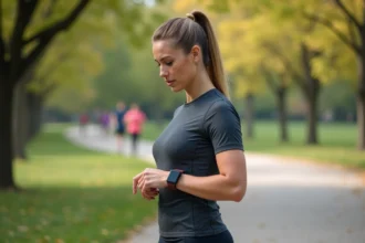 Femme en tenue de sport vérifiant son tracker fitness