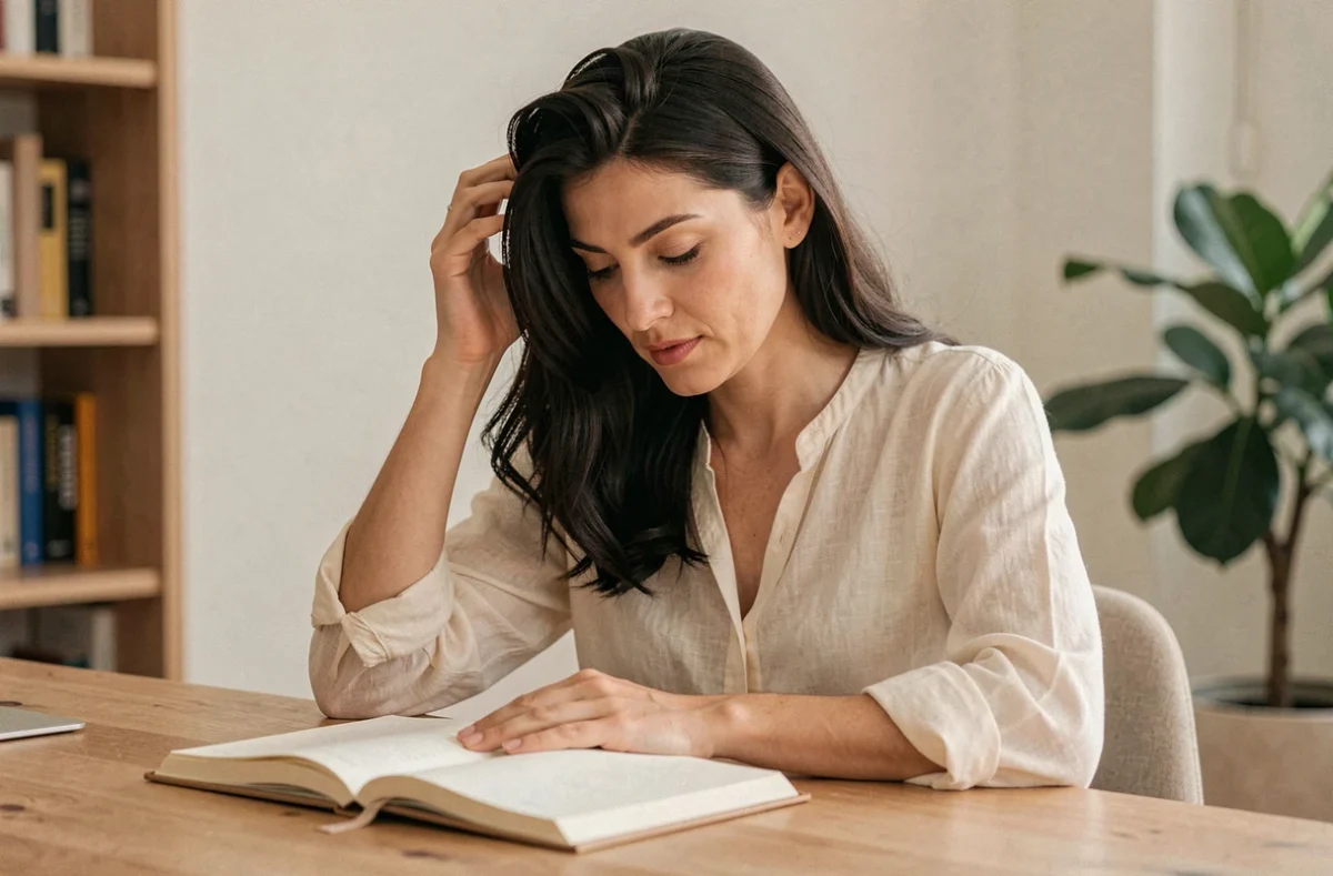 Femme stressée examinant sa chute de cheveux à son bureau à domicile, concept de stress et perte de cheveux chez la femme