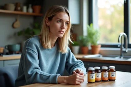 Femme dans la cuisine examine des bouteilles d omega 3 6 9