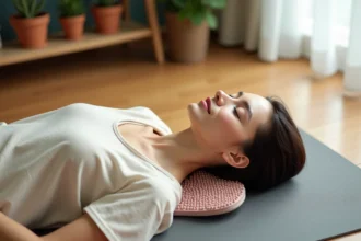 Femme allongée sur un tapis Champ des Fleurs positionné sous la nuque et les épaules pour une séance de relaxation à domicile
