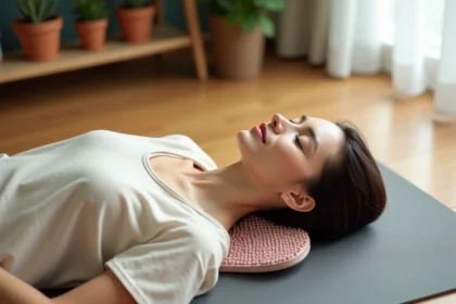Femme allongée sur un tapis Champ des Fleurs positionné sous la nuque et les épaules pour une séance de relaxation à domicile
