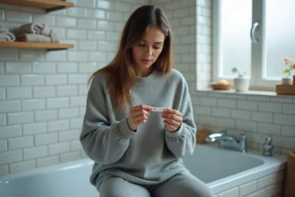 Jeune femme assise sur le bord d'une baignoire tenant un test de grossesse et regardant le résultat avec une expression interrogative