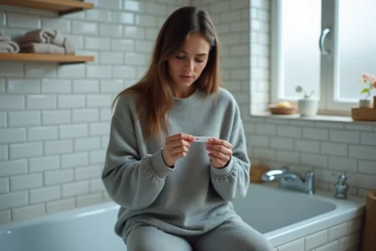 Jeune femme assise sur le bord d'une baignoire tenant un test de grossesse et regardant le résultat avec une expression interrogative