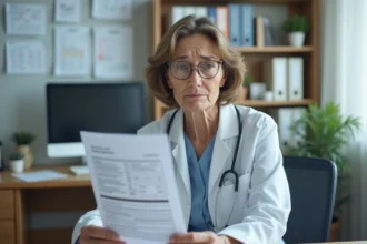 Femme d'âge moyen tenant un rapport médical dans un cabinet