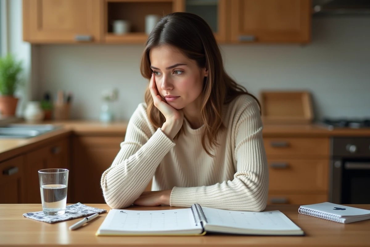 Femme attablée dans sa cuisine regardant un test de grossesse négatif posé à côté d'un calendrier et d'un carnet de notes