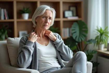 Femme d'une cinquantaine touchant son trapèze avec souci