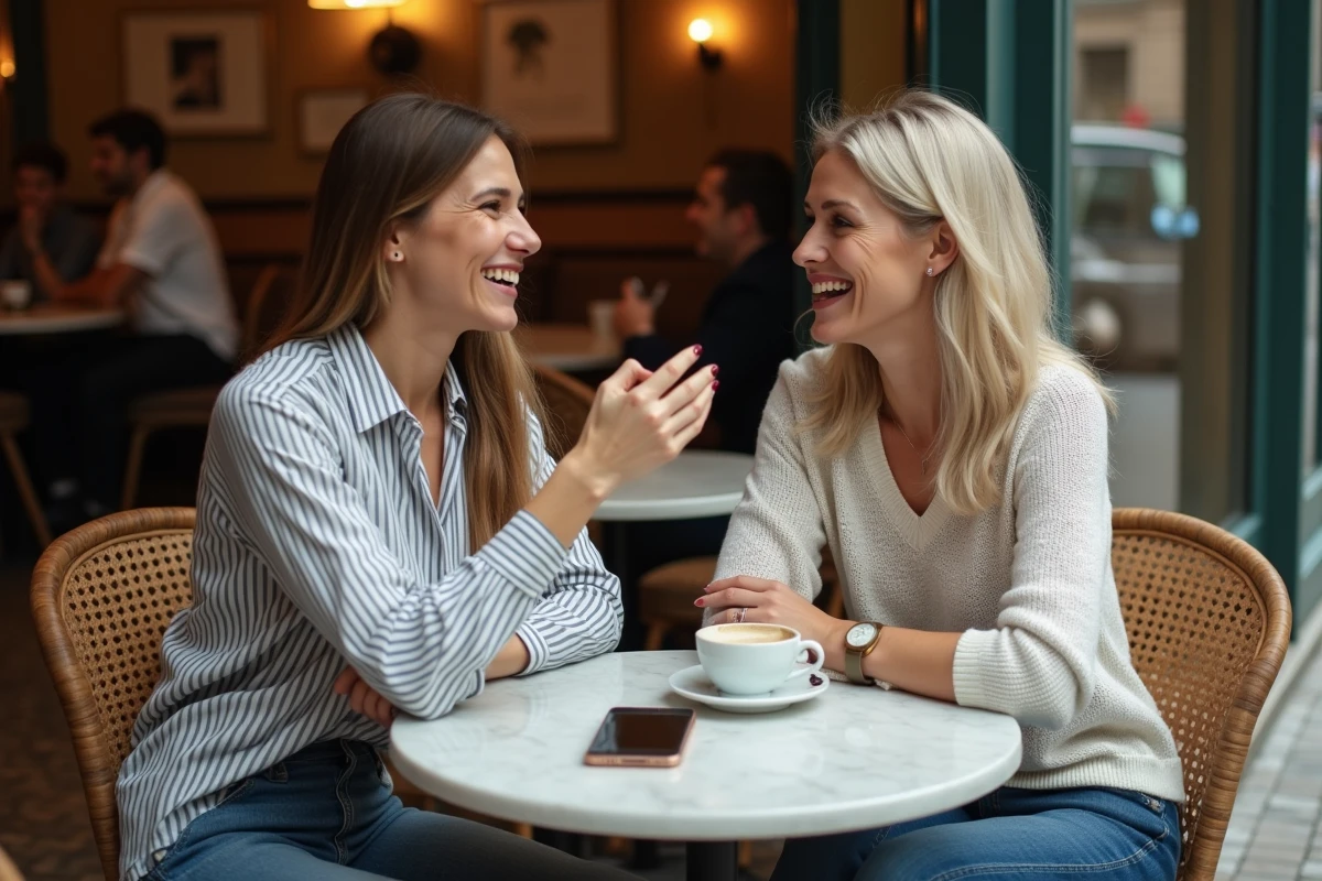 Deux femmes discutant autour d'un café à Paris, illustrant la conversation autour des normes corporelles et de la taille moyenne des femmes en France