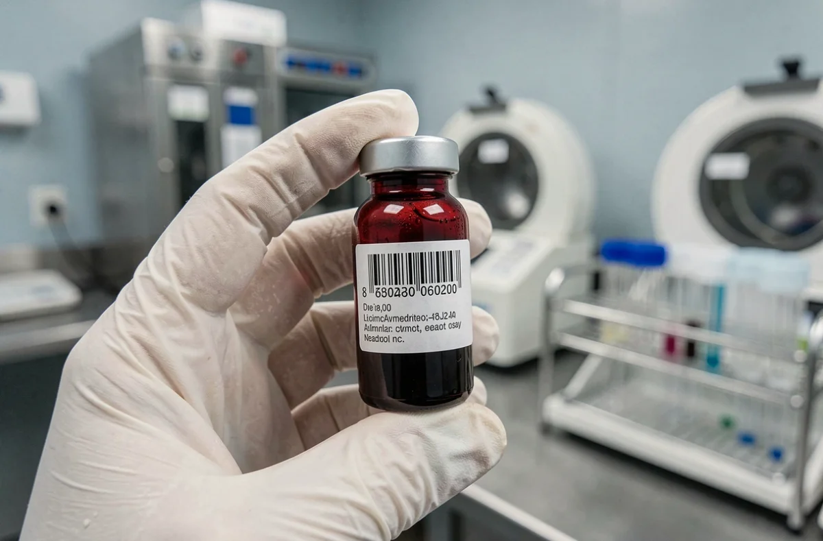 Flacon de prise de sang analysé en laboratoire pour détecter un taux de ferritine anormalement élevé