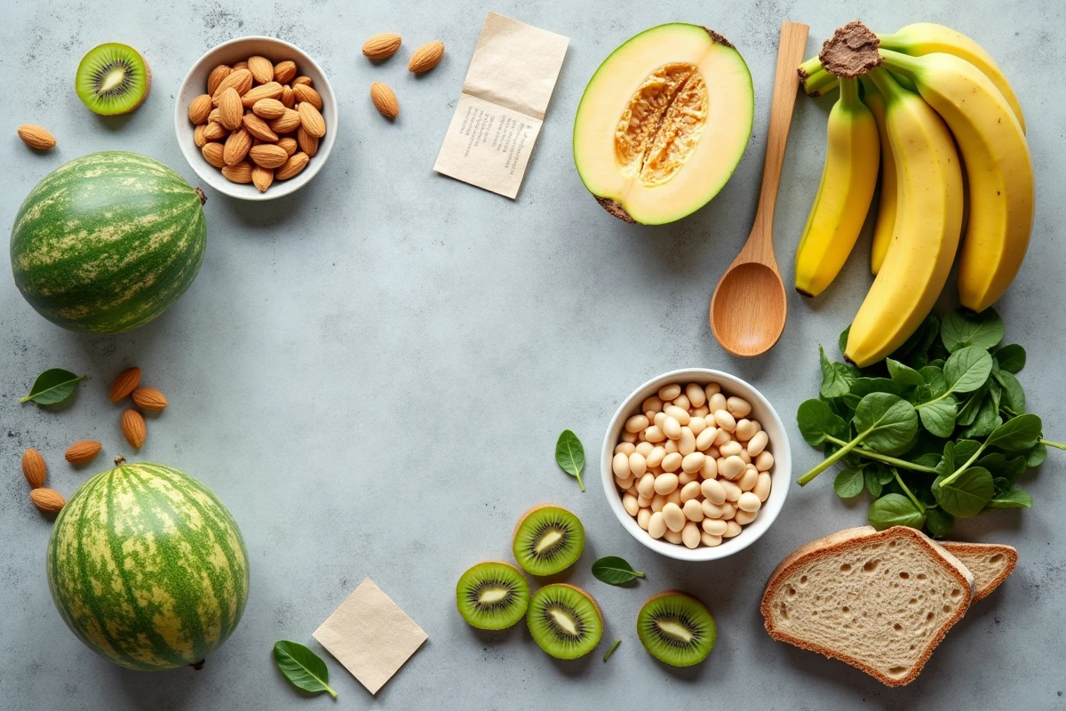 Vue de dessus d'aliments riches en potassium disposés en flat-lay : bananes, melon, épinards, haricots blancs et amandes sur fond gris pierre