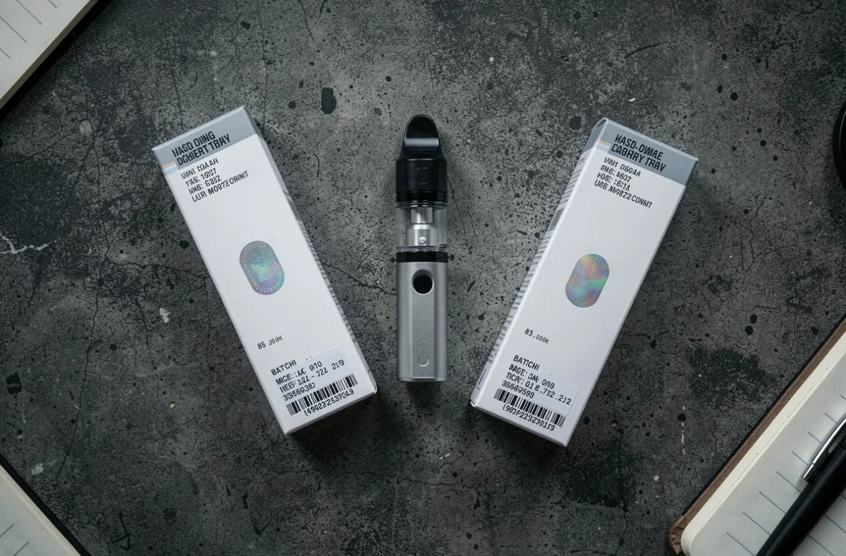 Flat lay éditorial de plusieurs puff 9K avec emballages ouverts montrant numéros de série, hologrammes et codes d'authentification pour identifier les contrefaçons