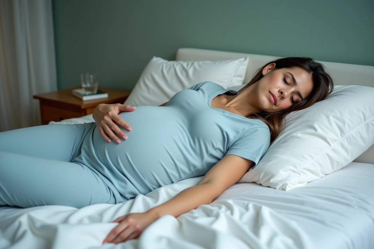 Femme enceinte allongée sur le côté dans son lit avec le bras endormi souffrant de paresthésies nocturnes