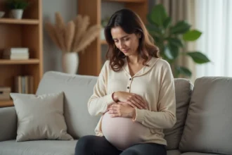 Femme enceinte assise sur un canapé se frottant le bras ressentant des fourmillements pendant la grossesse