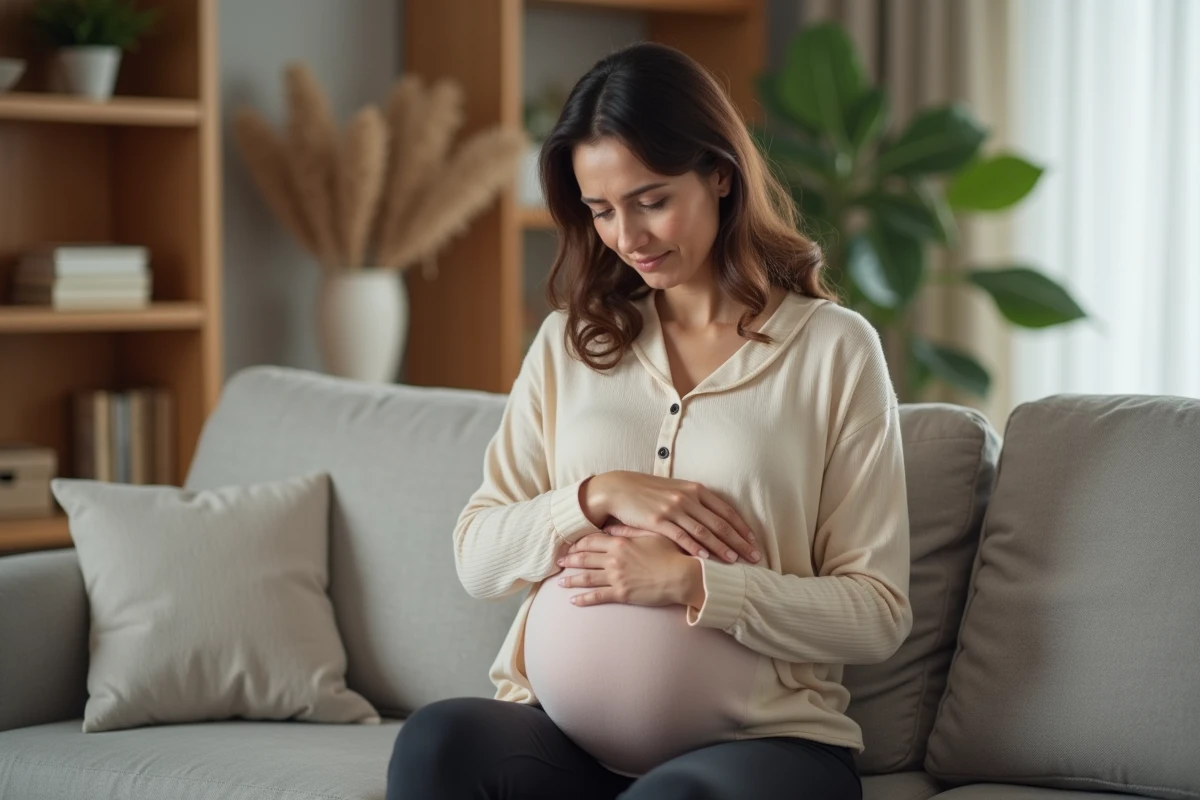 Femme enceinte assise sur un canapé se frottant le bras ressentant des fourmillements pendant la grossesse