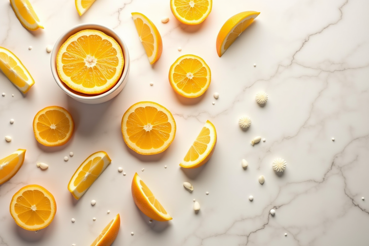 Fruits tranchés riches en vitamine D sur un plan de travail en marbre