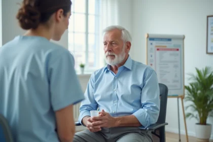 Homme âgé en blouse bleue dans une clinique moderne