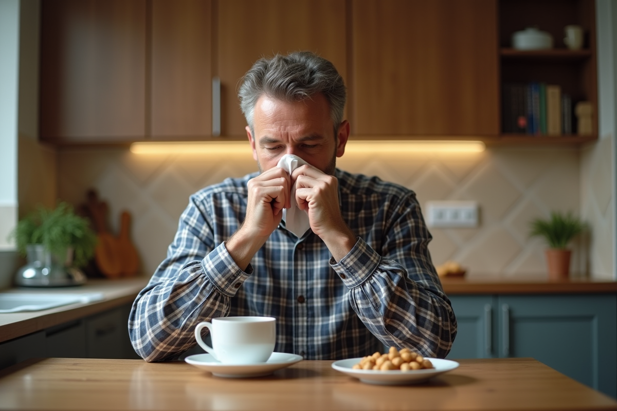 Homme d age dans sa cuisine avec un mouchoir et des cacahuetes