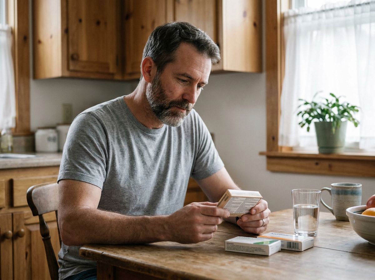 Homme en cuisine consultant des antihistaminiques pour traiter ses symptômes d'allergies saisonnières
