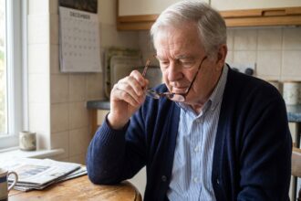 Homme argenté en cardigan examine ses lunettes dans la cuisine