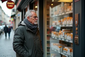 Homme belge regardant les prix des cigarettes dans une boutique bruxelloise