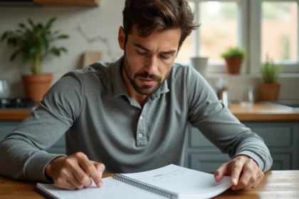 Homme consultant un calendrier et un journal de bien-être pour planifier une période d'abstinence et suivre sa progression