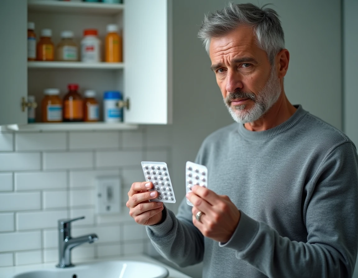 Homme comparant deux boîtes de médicaments antalgiques dans une salle de bain, respect des intervalles entre les prises