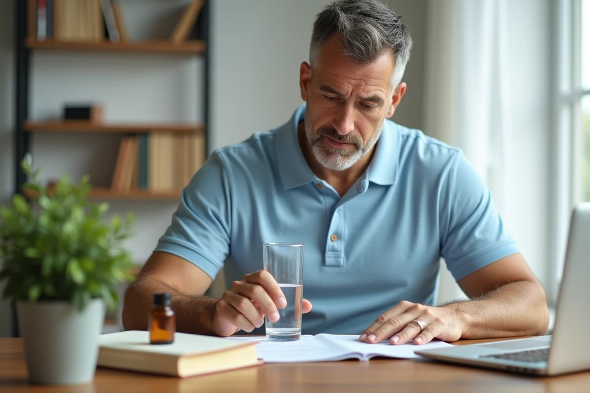 Homme consultant un journal de bien-être et un complément alimentaire Alviona pour une perte de poids saine et contrôlée