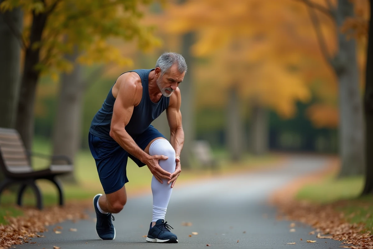 Homme de plus de 50 ans avec une genouillère de compression examinant son genou pendant une course à pied, douleur à la patte d'oie