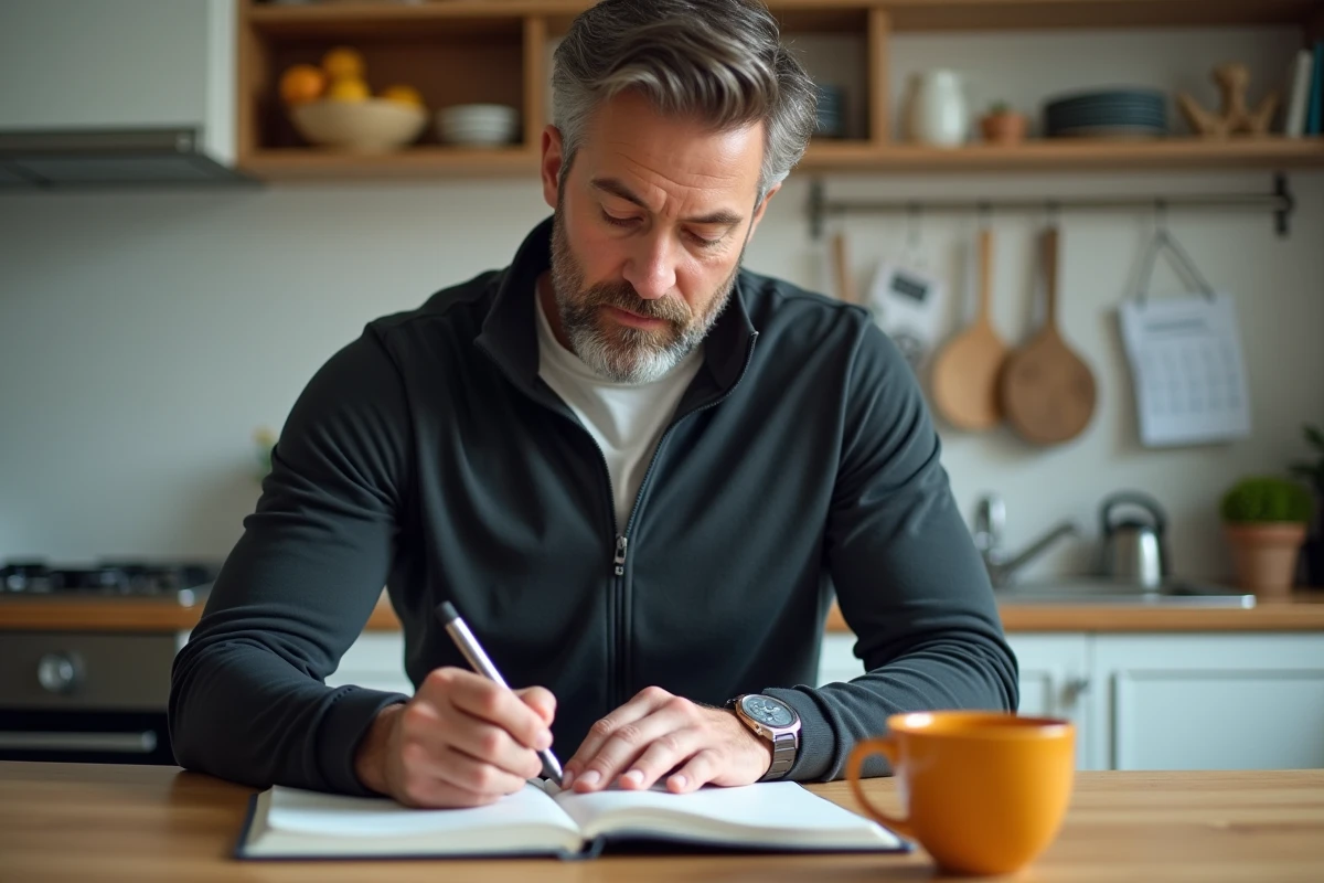 Homme en tenue active prenant des notes à la cuisine