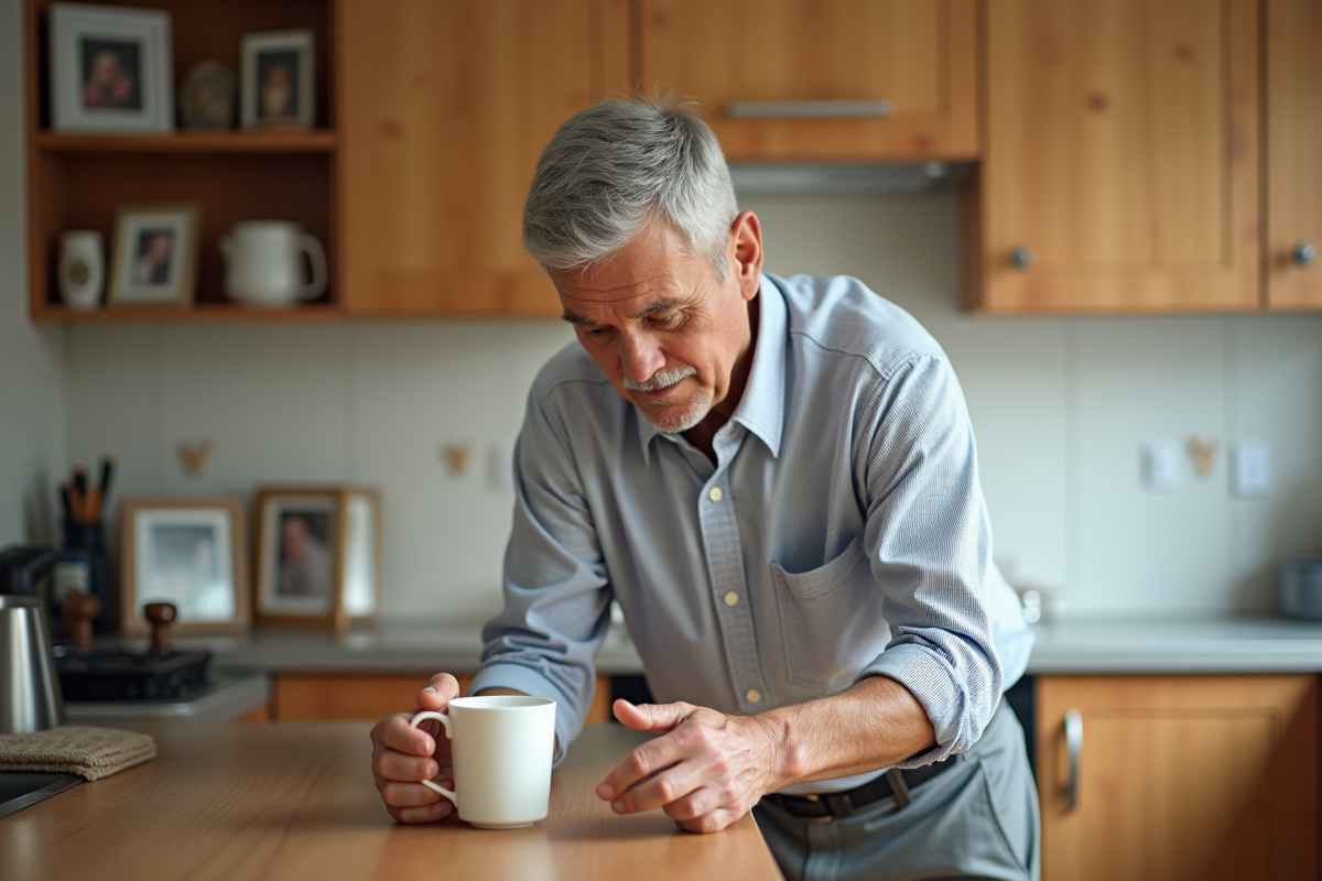 Homme âgé dans la cuisine essaie de prendre une tasse avec difficulté