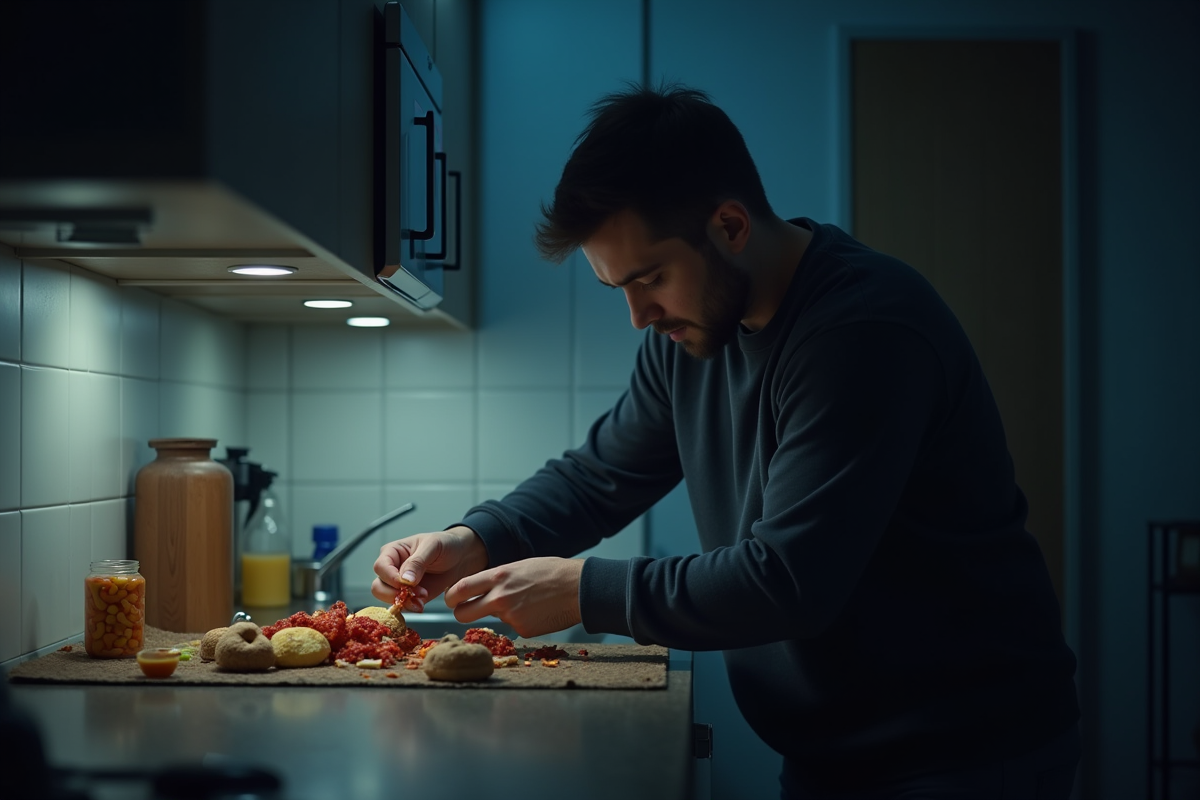 Homme tard le soir dans la cuisine ouverte sur la nuit
