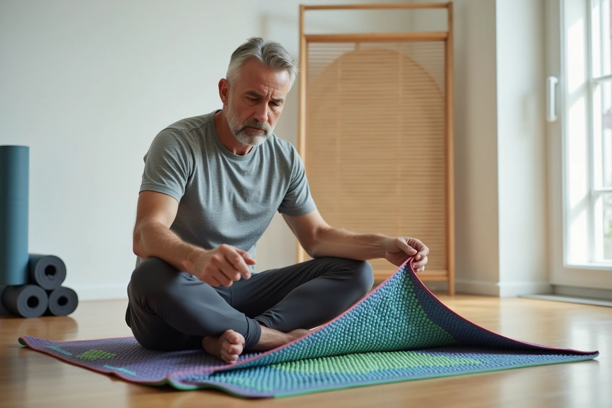 Homme inspectant un tapis d'acupression Champ des Fleurs avant utilisation dans un studio de bien-être minimaliste