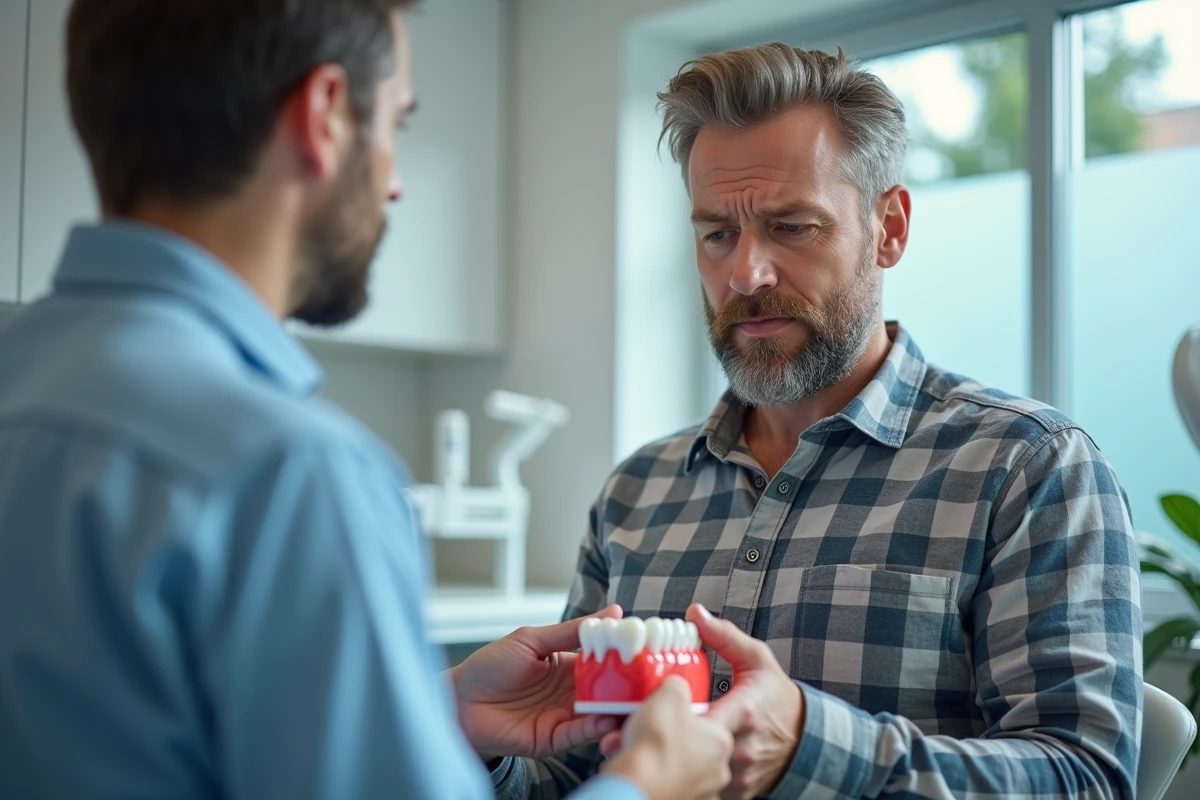 Homme d âge moyen examinant un modele de dents en cabinet dentaire