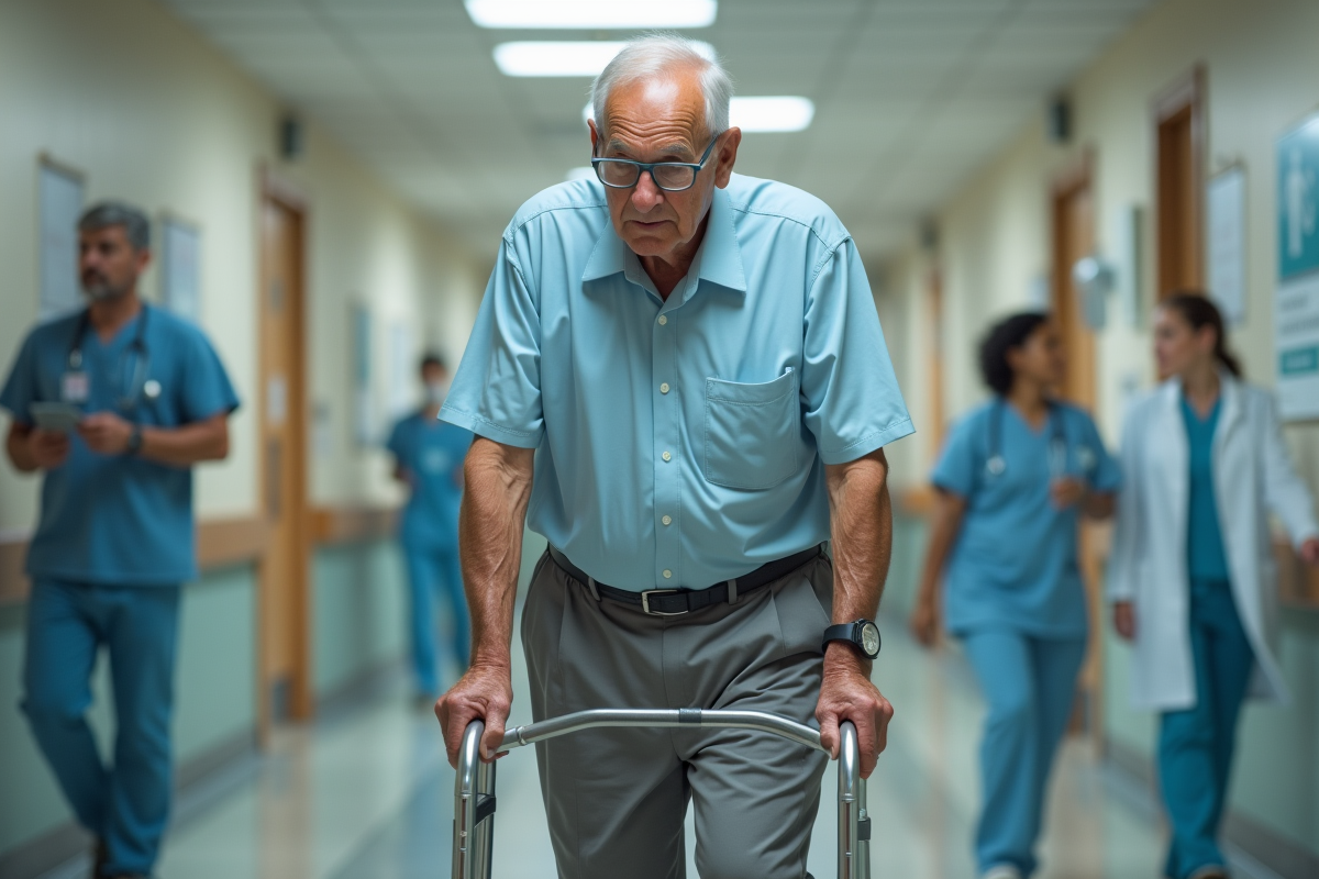 Homme âgé utilisant une aide à la marche dans un couloir d