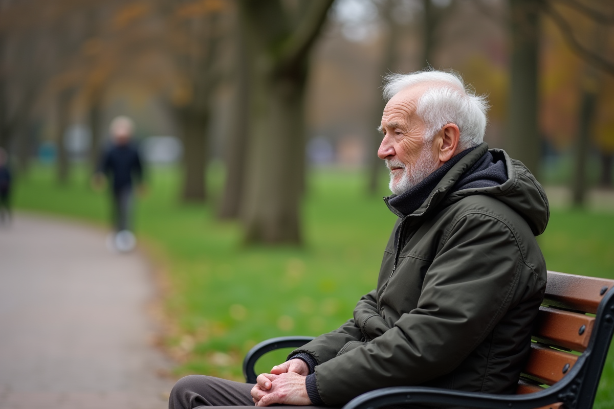 Homme âgé sur un banc dans un parc en promenade