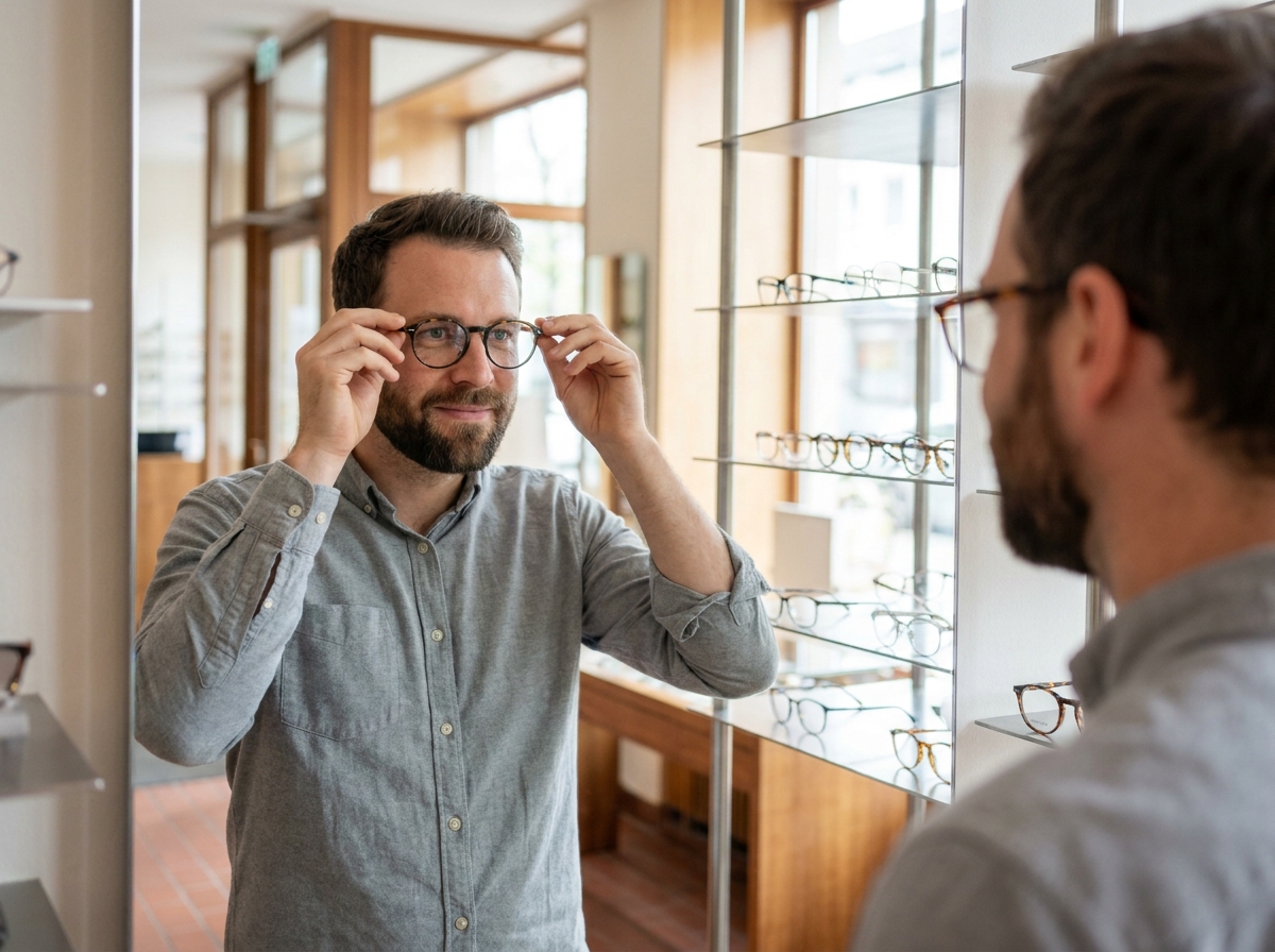 Homme essayant de nouvelles montures de lunettes chez un opticien pour améliorer son confort visuel