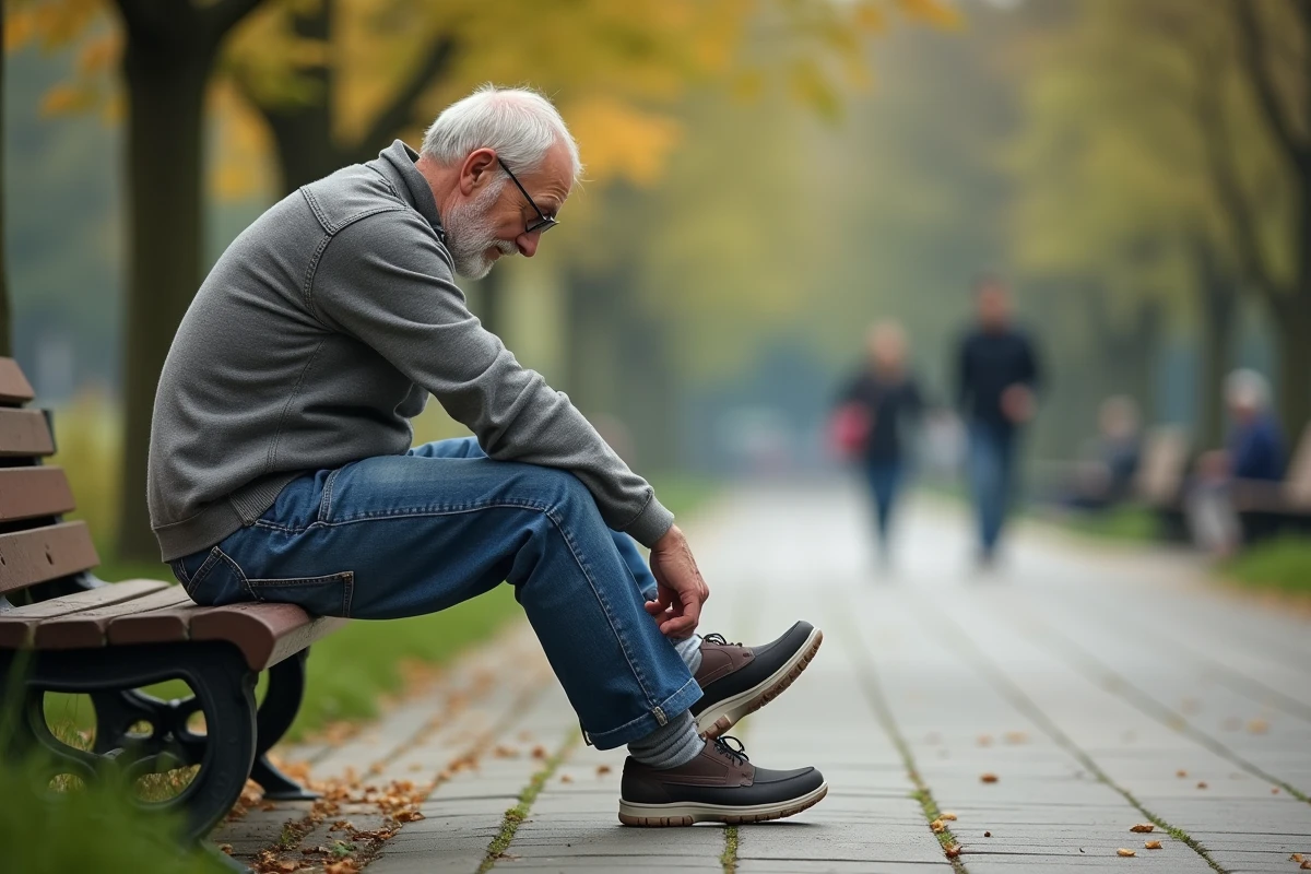 Homme âgé vérifiant son talon dans un parc urbain