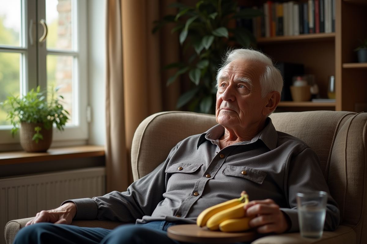 Homme âgé tenant une banane dans un salon paisible
