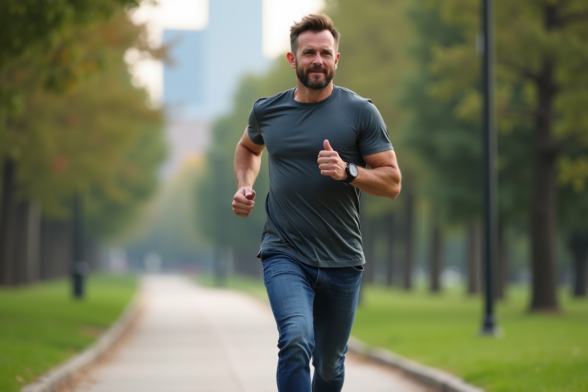 Homme courant dans un parc urbain avec un tracker fitness