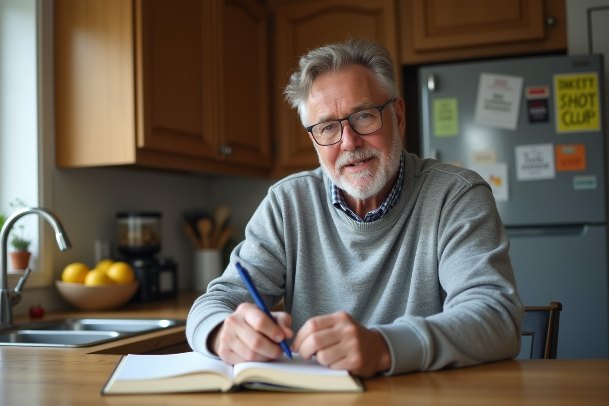 Homme écrivant dans un journal de perte de poids à la cuisine