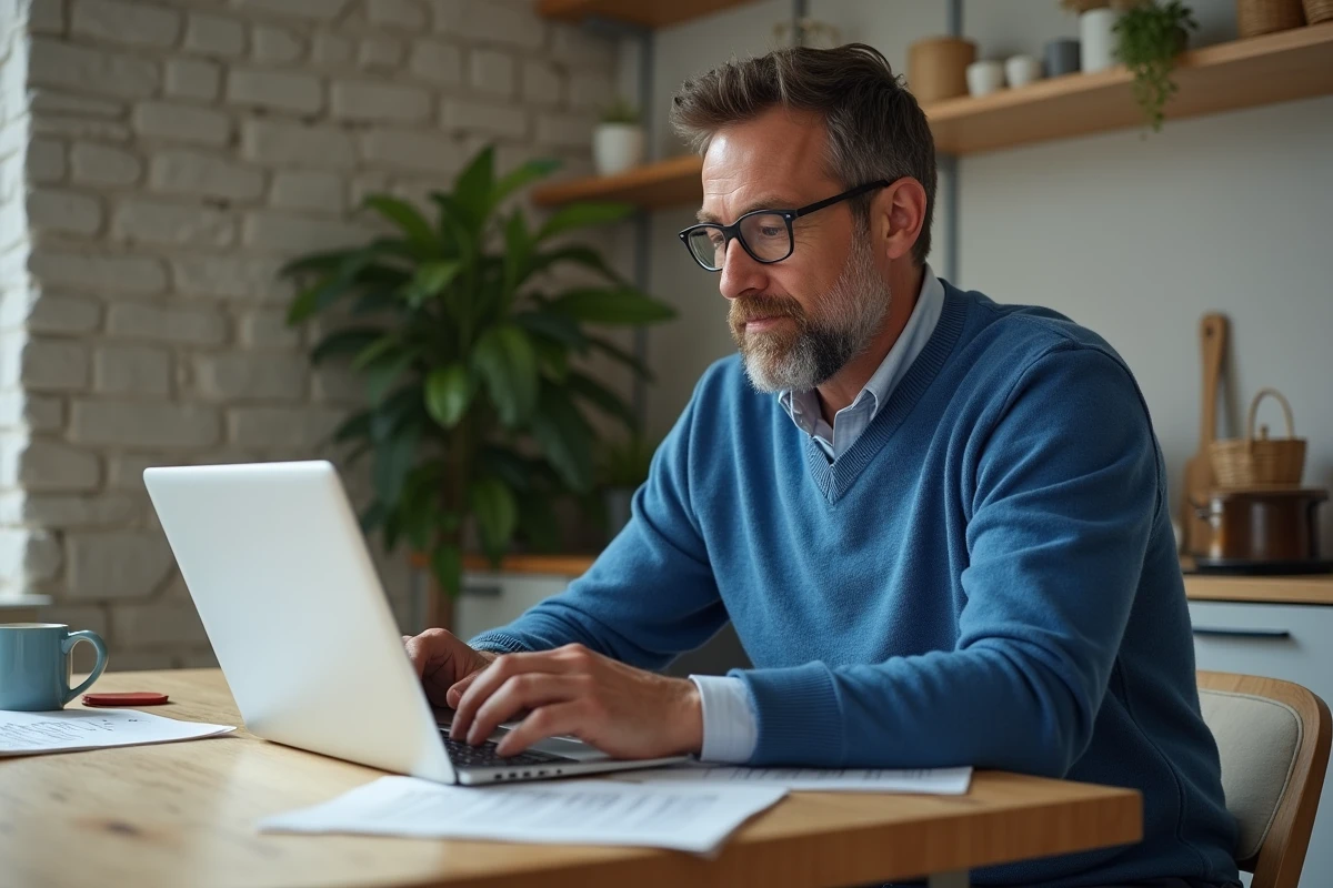 Homme d'âge moyen travaillant sur son ordinateur à la maison