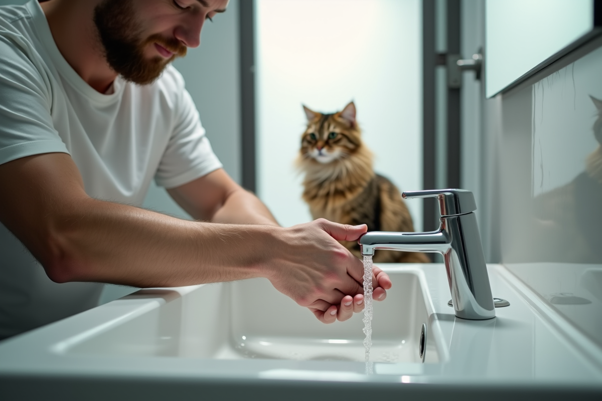 Homme lavant ses mains avec un chat en arrière-plan
