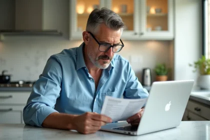 Homme d'âge moyen lisant une notice pharmaceutique dans la cuisine