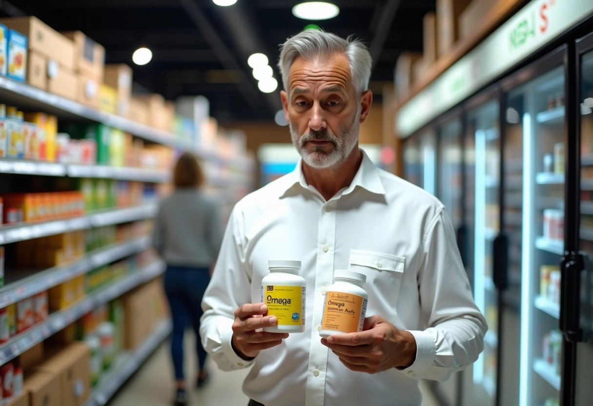 Homme dans un supermarché consulte des compléments omega