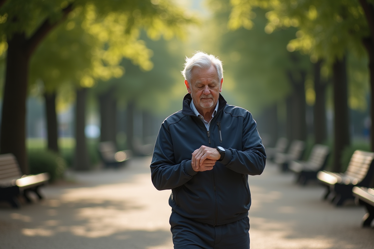 Homme âgé marchant dans un parc tranquille