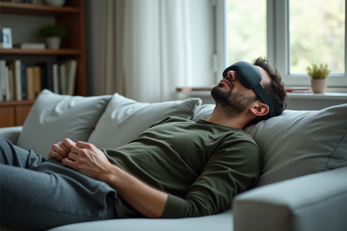 Homme allongé sur un canapé avec un masque gel anti-migraine couvrant les yeux et les tempes